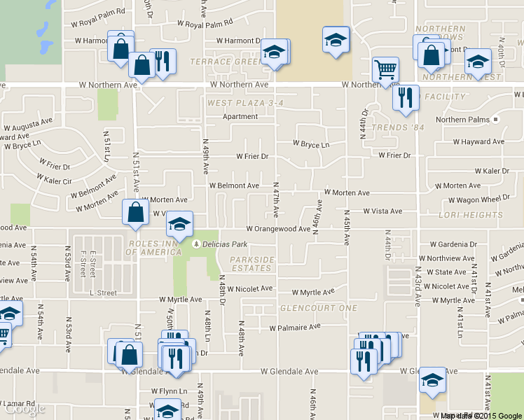 map of restaurants, bars, coffee shops, grocery stores, and more near 4724 West Orangewood Avenue in Glendale