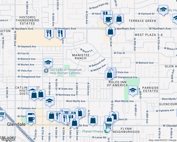 map of restaurants, bars, coffee shops, grocery stores, and more near 5283 West Morten Avenue in Glendale