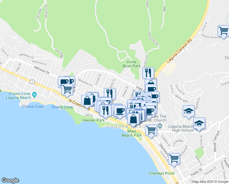 map of restaurants, bars, coffee shops, grocery stores, and more near 380 Aster Street in Laguna Beach