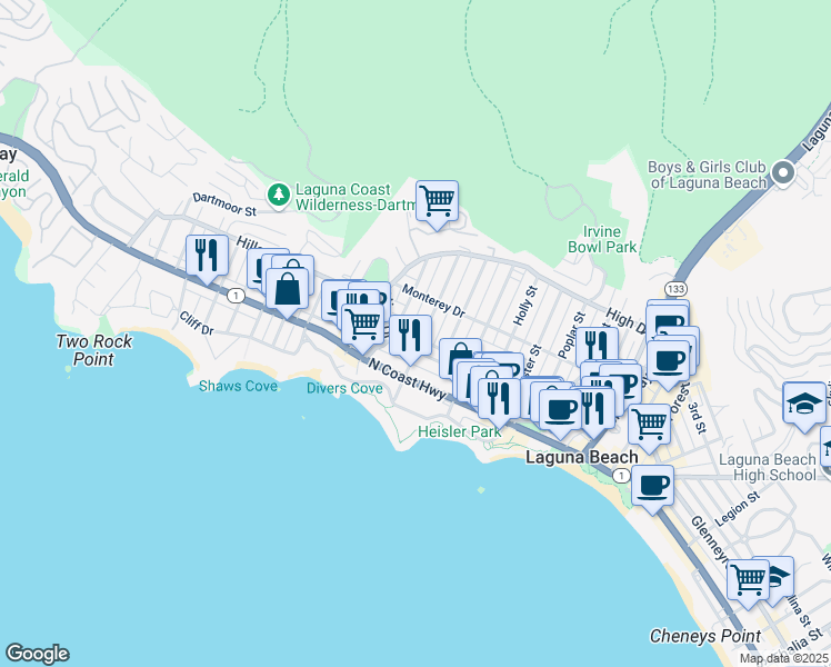 map of restaurants, bars, coffee shops, grocery stores, and more near 509 Cypress Drive in Laguna Beach
