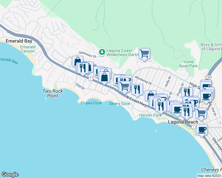 map of restaurants, bars, coffee shops, grocery stores, and more near 845 Cliff Drive in Laguna Beach