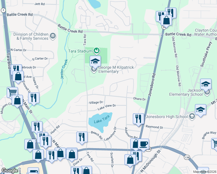 map of restaurants, bars, coffee shops, grocery stores, and more near 7609 Garnet Drive in Jonesboro