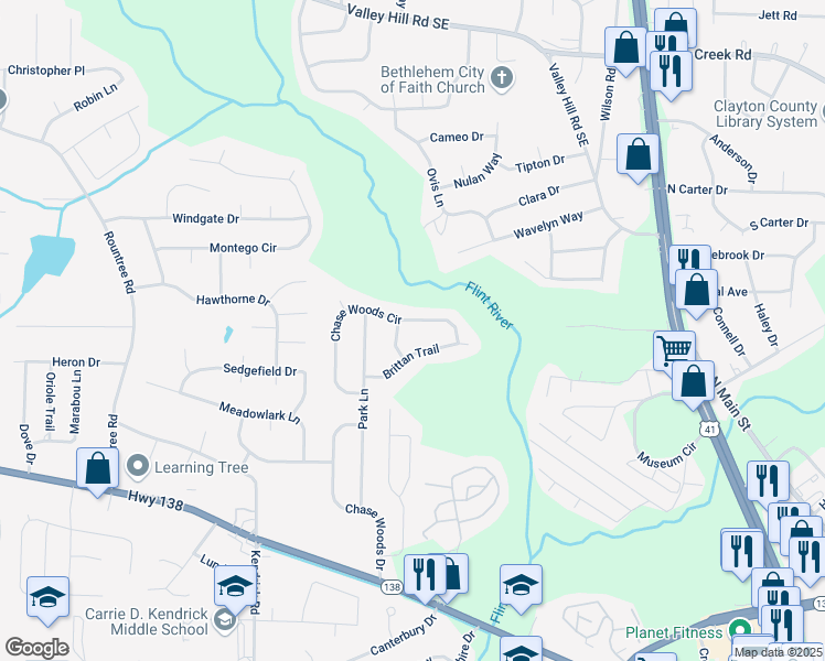 map of restaurants, bars, coffee shops, grocery stores, and more near 335 Chase Woods Circle in Jonesboro