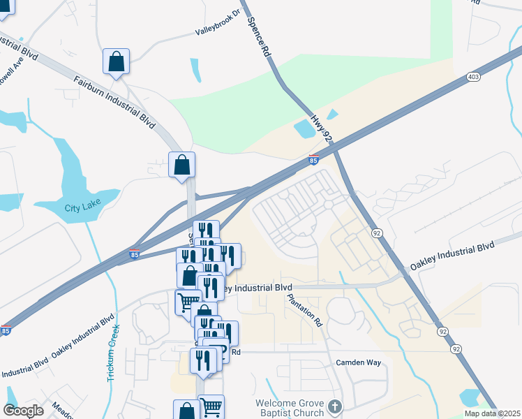map of restaurants, bars, coffee shops, grocery stores, and more near 5722 Radford Loop in Fairburn