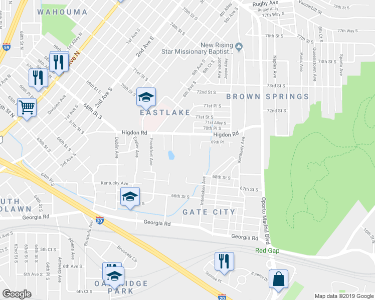 map of restaurants, bars, coffee shops, grocery stores, and more near 6900 Suburban Terrace in Birmingham