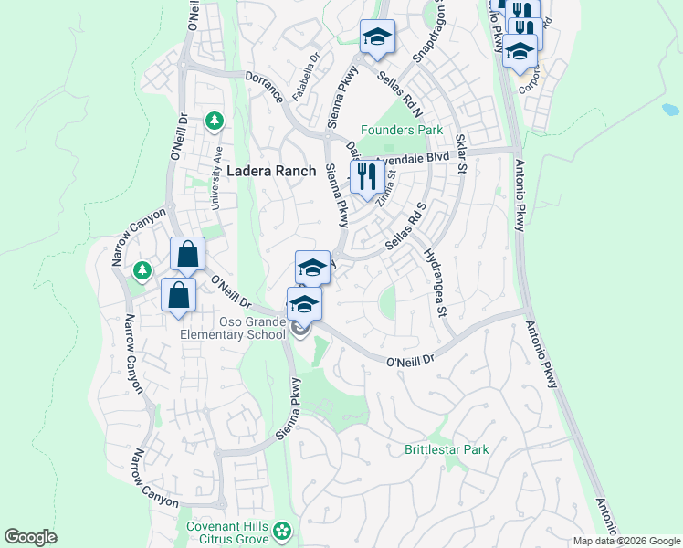 map of restaurants, bars, coffee shops, grocery stores, and more near 61 Wildflower Place in Mission Viejo