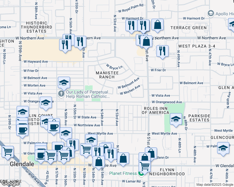 map of restaurants, bars, coffee shops, grocery stores, and more near 5283 West Morten Avenue in Glendale
