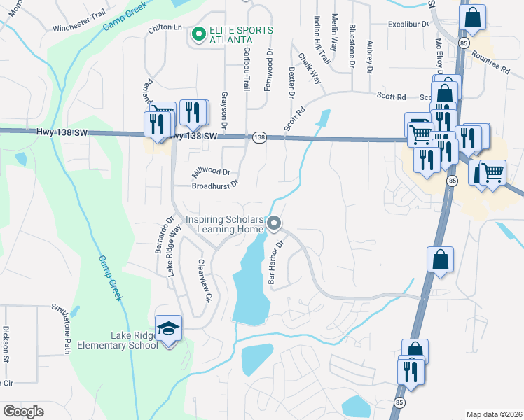 map of restaurants, bars, coffee shops, grocery stores, and more near 7659 Lakemoor Drive in Riverdale