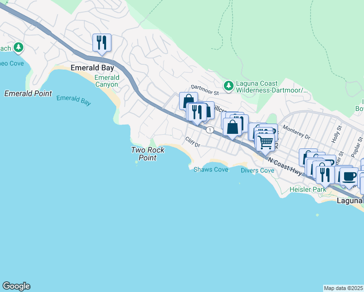 map of restaurants, bars, coffee shops, grocery stores, and more near 1259 Cliff Drive in Laguna Beach