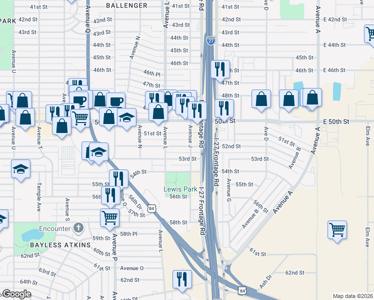 map of restaurants, bars, coffee shops, grocery stores, and more near 1103 53rd Street in Lubbock