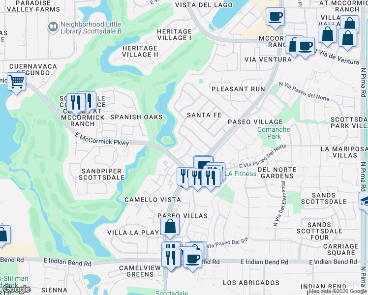 map of restaurants, bars, coffee shops, grocery stores, and more near 7537 North Vía Camello Del Sur in Scottsdale