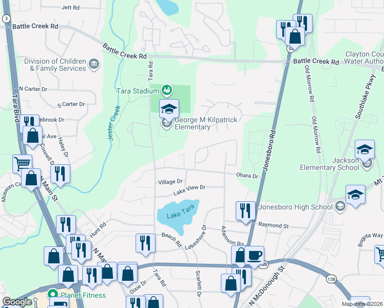 map of restaurants, bars, coffee shops, grocery stores, and more near 7609 Garnet Drive in Jonesboro