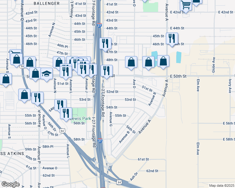 map of restaurants, bars, coffee shops, grocery stores, and more near 527 53rd Street in Lubbock
