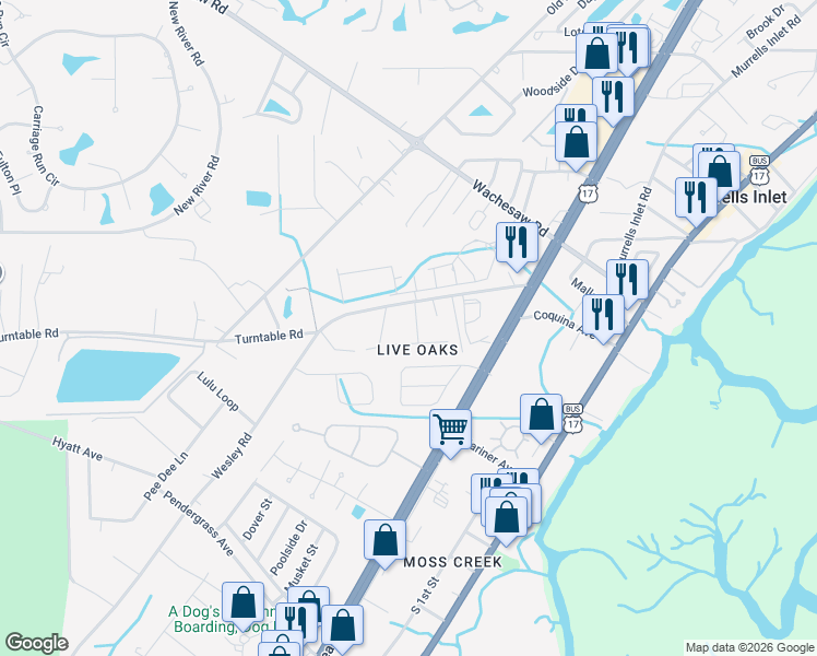 map of restaurants, bars, coffee shops, grocery stores, and more near 865 Nandina Drive in Murrells Inlet