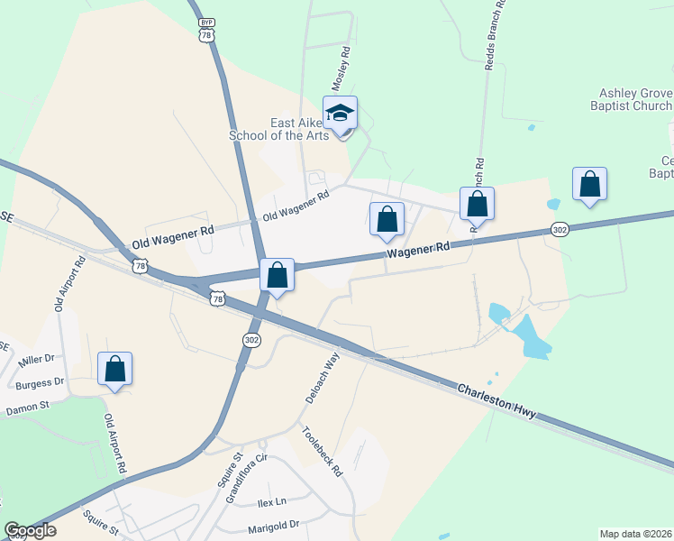 map of restaurants, bars, coffee shops, grocery stores, and more near 2530 Wagener Road in Aiken
