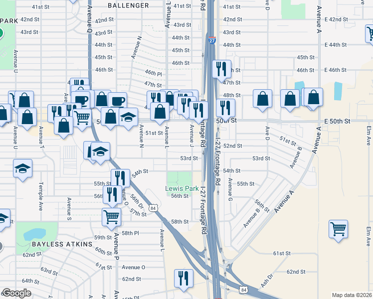 map of restaurants, bars, coffee shops, grocery stores, and more near 1103 53rd Street in Lubbock