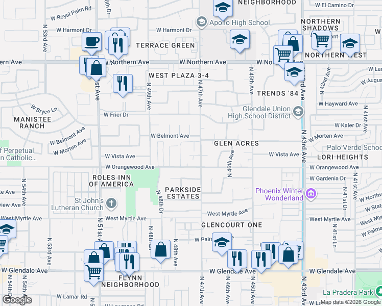 map of restaurants, bars, coffee shops, grocery stores, and more near 4724 West Orangewood Avenue in Glendale