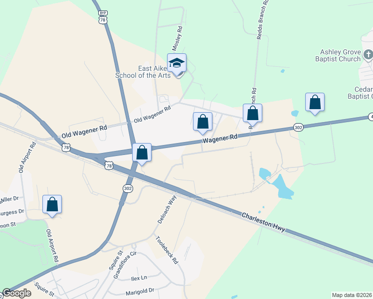 map of restaurants, bars, coffee shops, grocery stores, and more near 2545 Wagener Road in Aiken