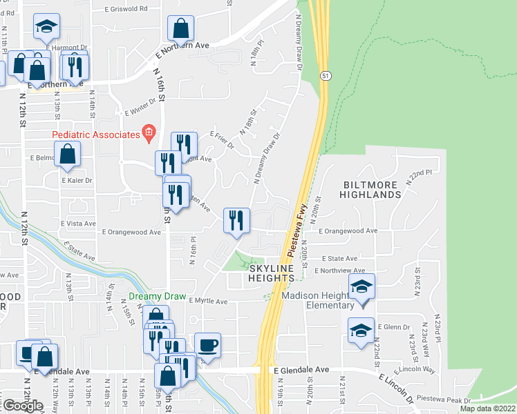 map of restaurants, bars, coffee shops, grocery stores, and more near 7557 North Dreamy Draw Drive in Phoenix