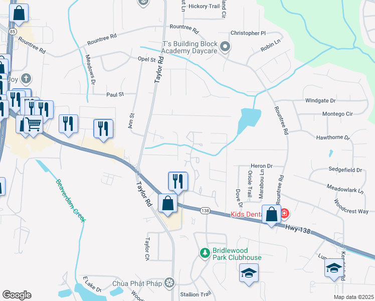 map of restaurants, bars, coffee shops, grocery stores, and more near 269 Georgia 138 in Riverdale