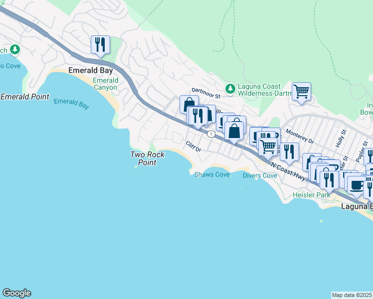 map of restaurants, bars, coffee shops, grocery stores, and more near 1259 Cliff Drive in Laguna Beach