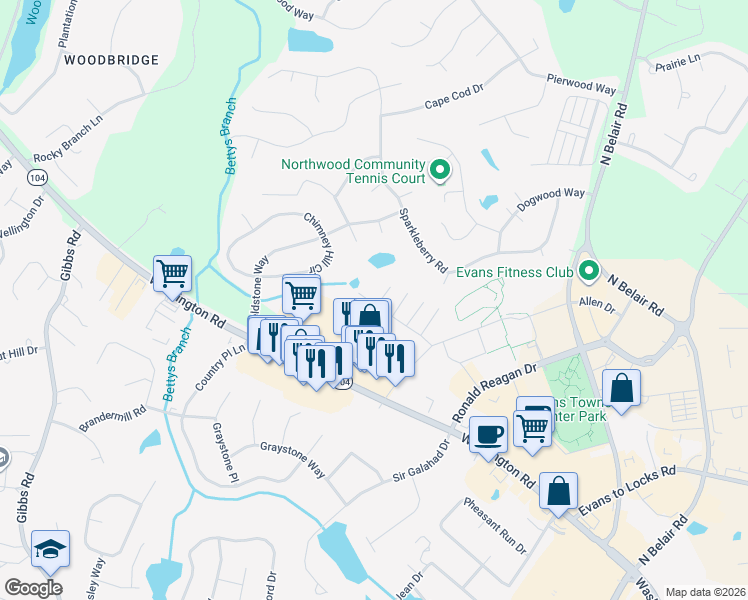 map of restaurants, bars, coffee shops, grocery stores, and more near 852 Pawley Court in Evans