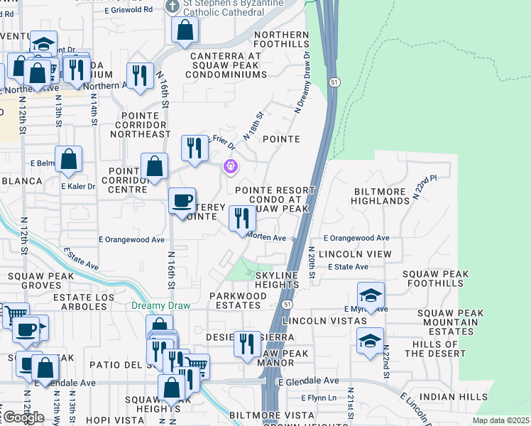 map of restaurants, bars, coffee shops, grocery stores, and more near 7557 North Dreamy Draw Drive in Phoenix
