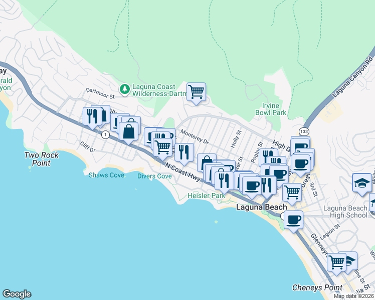map of restaurants, bars, coffee shops, grocery stores, and more near 369 Hawthorne Road in Laguna Beach