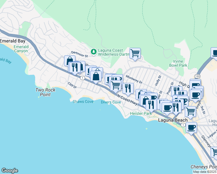 map of restaurants, bars, coffee shops, grocery stores, and more near 252 Grandview Street in Laguna Beach
