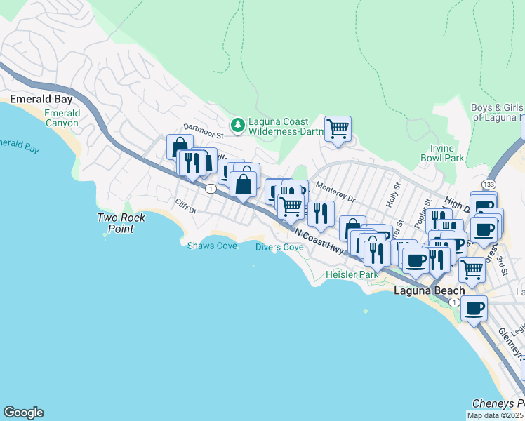 map of restaurants, bars, coffee shops, grocery stores, and more near 252 Grandview Street in Laguna Beach