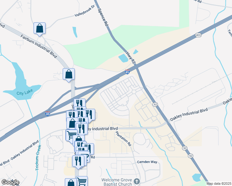 map of restaurants, bars, coffee shops, grocery stores, and more near 7699 Cabrini Place in Fairburn