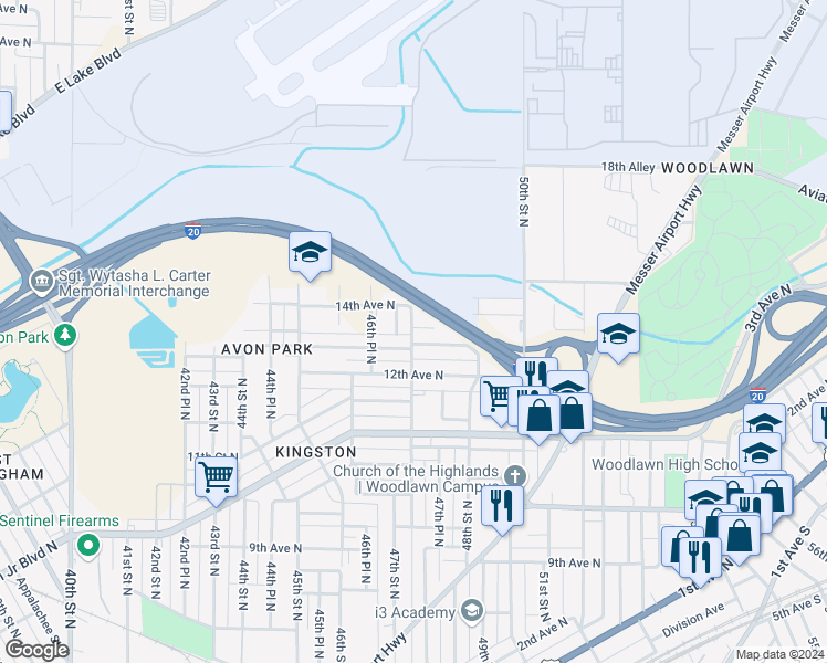 map of restaurants, bars, coffee shops, grocery stores, and more near 1327 46th Way North in Birmingham
