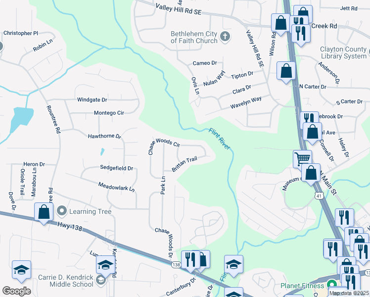 map of restaurants, bars, coffee shops, grocery stores, and more near 335 Chase Woods Circle in Jonesboro