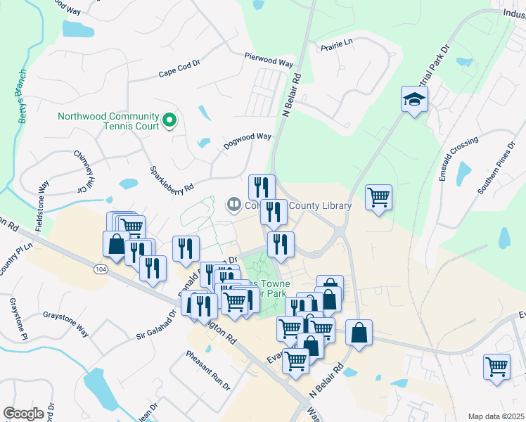 map of restaurants, bars, coffee shops, grocery stores, and more near 672 Evans Town Center Boulevard in Evans