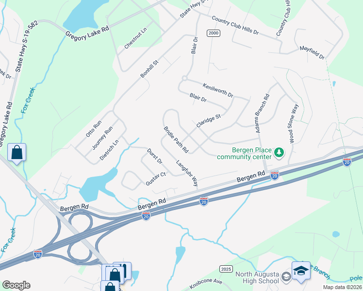 map of restaurants, bars, coffee shops, grocery stores, and more near 487 Bridle Path Road in North Augusta