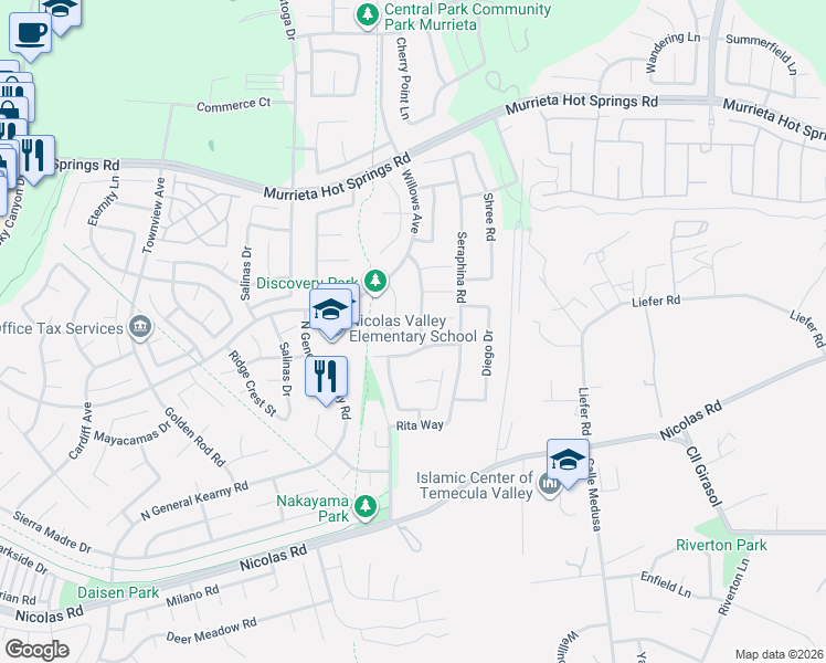 map of restaurants, bars, coffee shops, grocery stores, and more near 39519 Northgate Parkway in Temecula