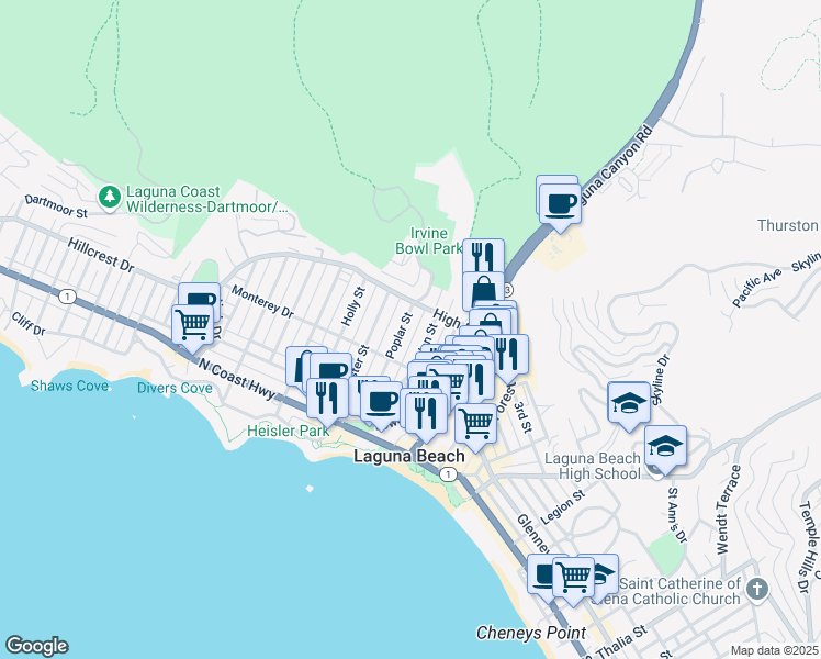 map of restaurants, bars, coffee shops, grocery stores, and more near 461 Poplar Street in Laguna Beach