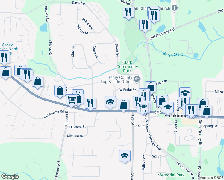 map of restaurants, bars, coffee shops, grocery stores, and more near 317 Oak Hill Circle in Stockbridge