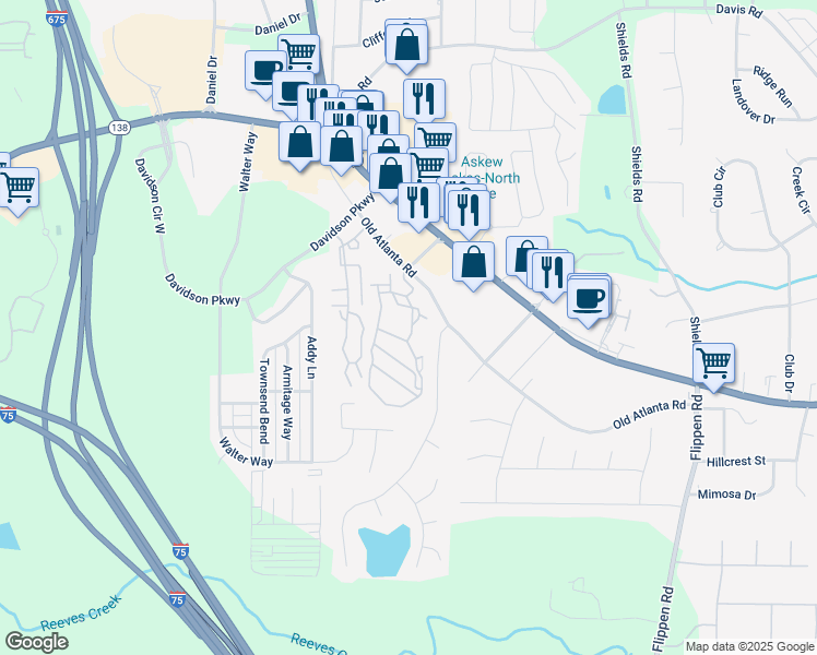 map of restaurants, bars, coffee shops, grocery stores, and more near 3005 Eastwood Village Drive in Stockbridge