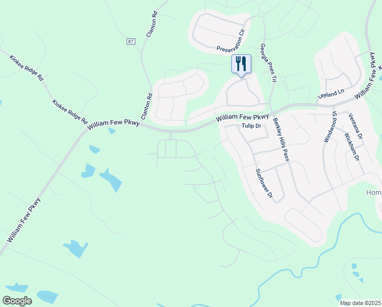 map of restaurants, bars, coffee shops, grocery stores, and more near 2801-2807 William Few Parkway in Evans