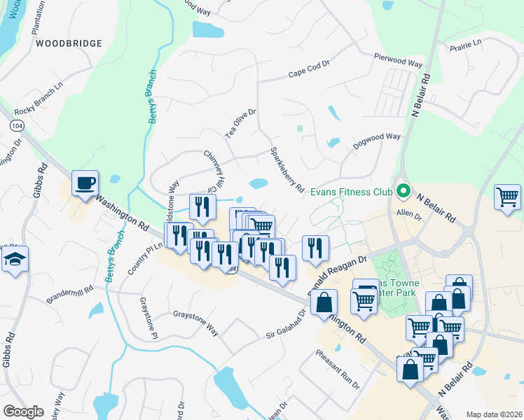 map of restaurants, bars, coffee shops, grocery stores, and more near 859 Pawley Court in Evans