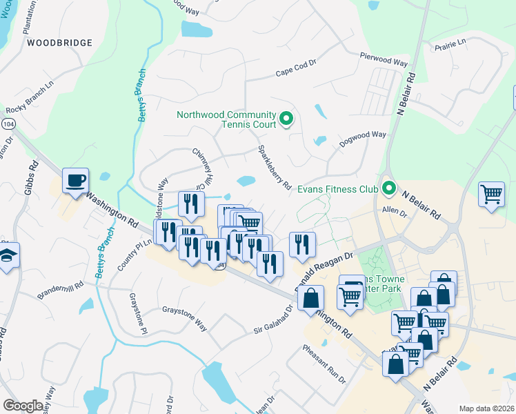 map of restaurants, bars, coffee shops, grocery stores, and more near 869 Pawley Court in Evans