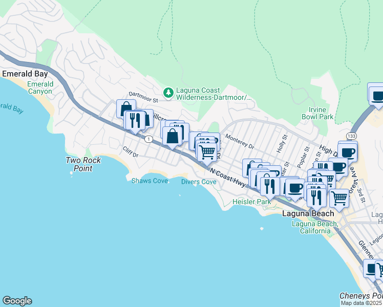 map of restaurants, bars, coffee shops, grocery stores, and more near 206 Grandview Street in Laguna Beach