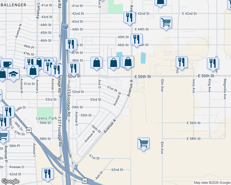 map of restaurants, bars, coffee shops, grocery stores, and more near 310 51st Street in Lubbock