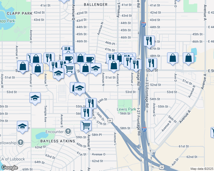 map of restaurants, bars, coffee shops, grocery stores, and more near 1311 51st Street in Lubbock