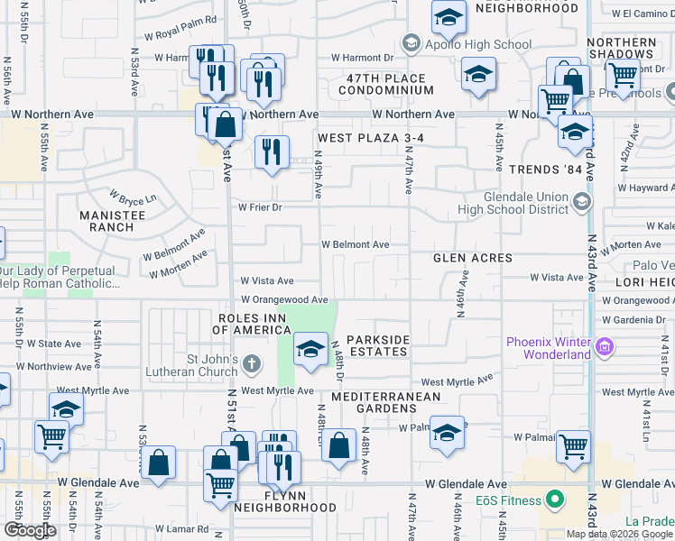 map of restaurants, bars, coffee shops, grocery stores, and more near 4843 West Belmont Avenue in Glendale