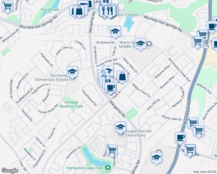 map of restaurants, bars, coffee shops, grocery stores, and more near 26624 Margarita Road in Murrieta
