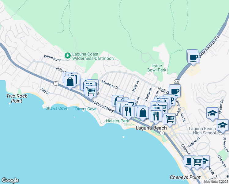 map of restaurants, bars, coffee shops, grocery stores, and more near 483 Monterey Drive in Laguna Beach