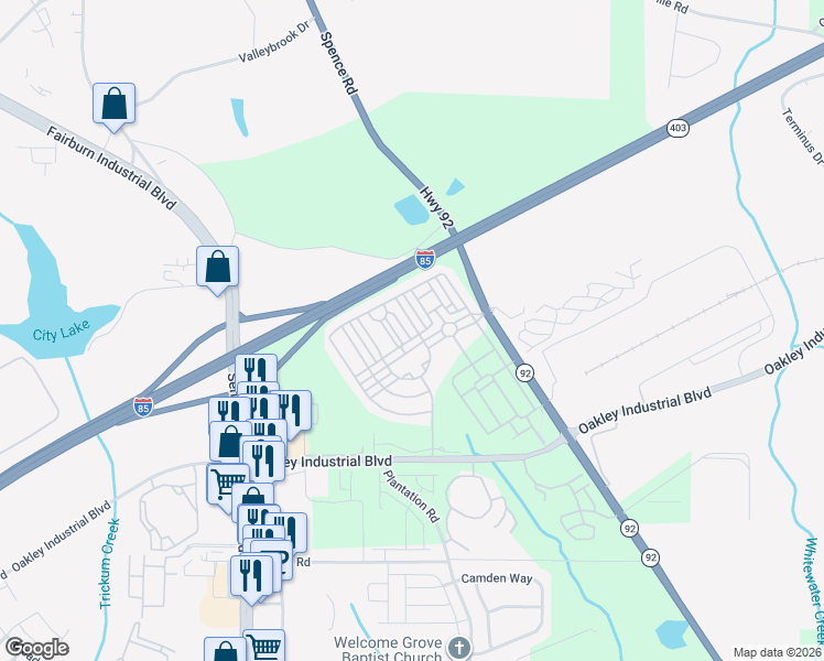 map of restaurants, bars, coffee shops, grocery stores, and more near 7569 Rutgers Circle in Fairburn