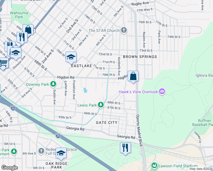 map of restaurants, bars, coffee shops, grocery stores, and more near 7217 Higdon Road in Birmingham